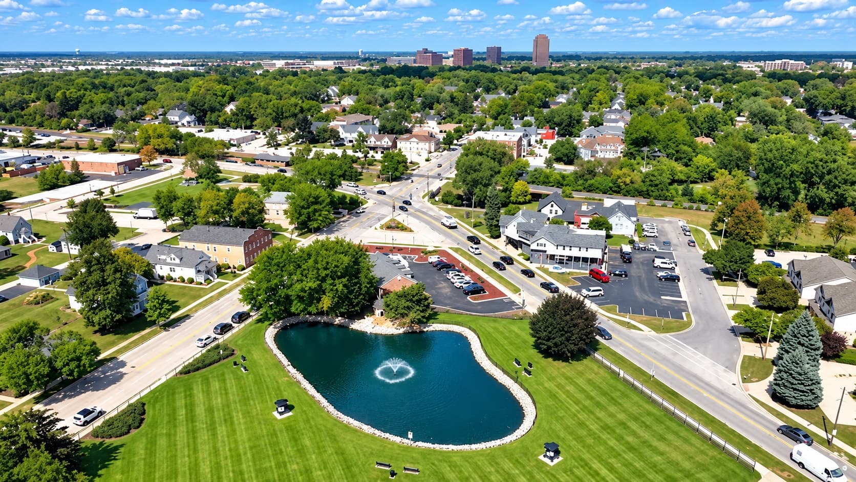 Aerial of downtown Itasca, with the village pond and fountain surrounded by green lawns, homes and trees